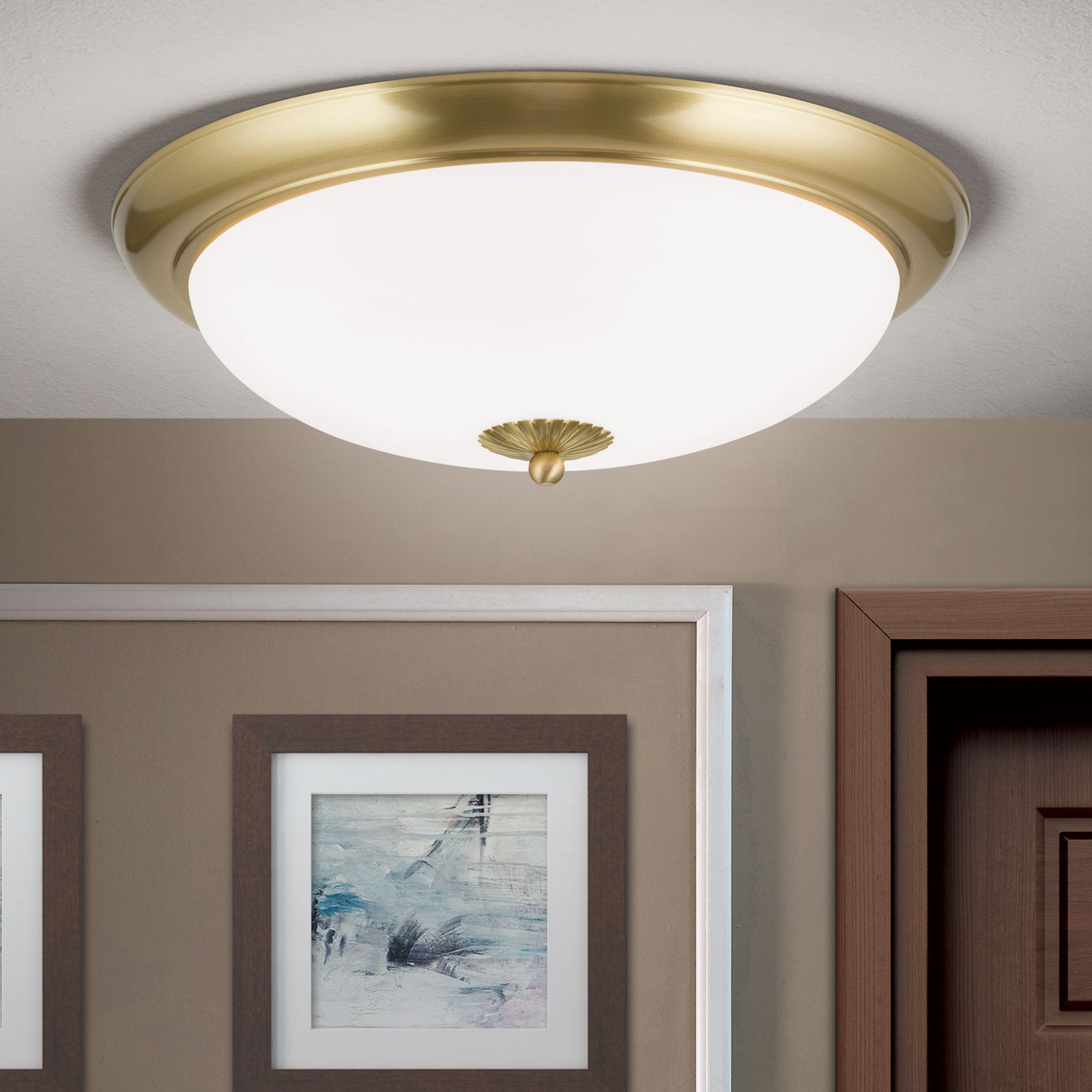 Ceiling light WIENER NOSTALGIE, 47cm, satin brass finish, matt opal glass