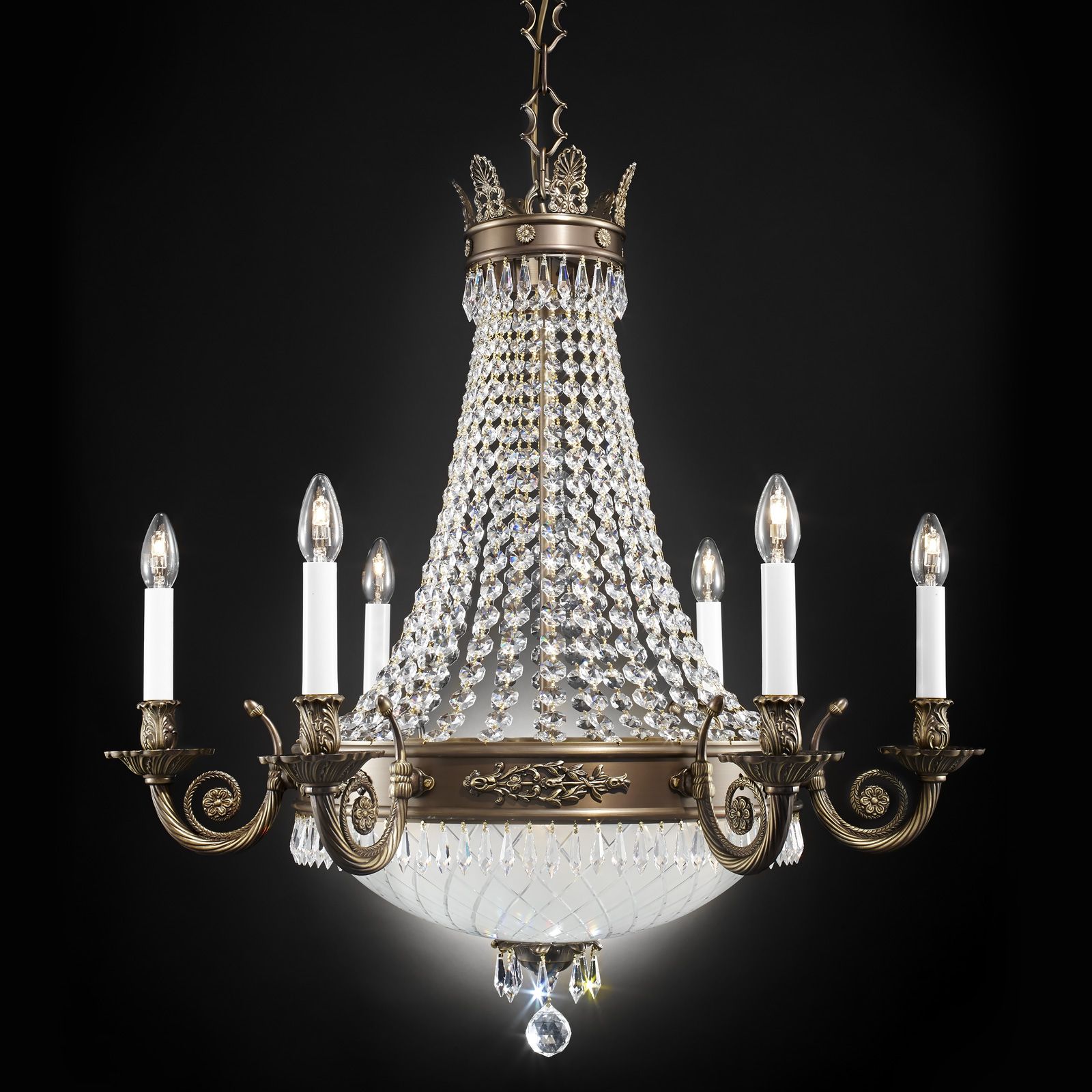 Chandelier EMPIRE CRYSTAL, 12-flames, antique patina