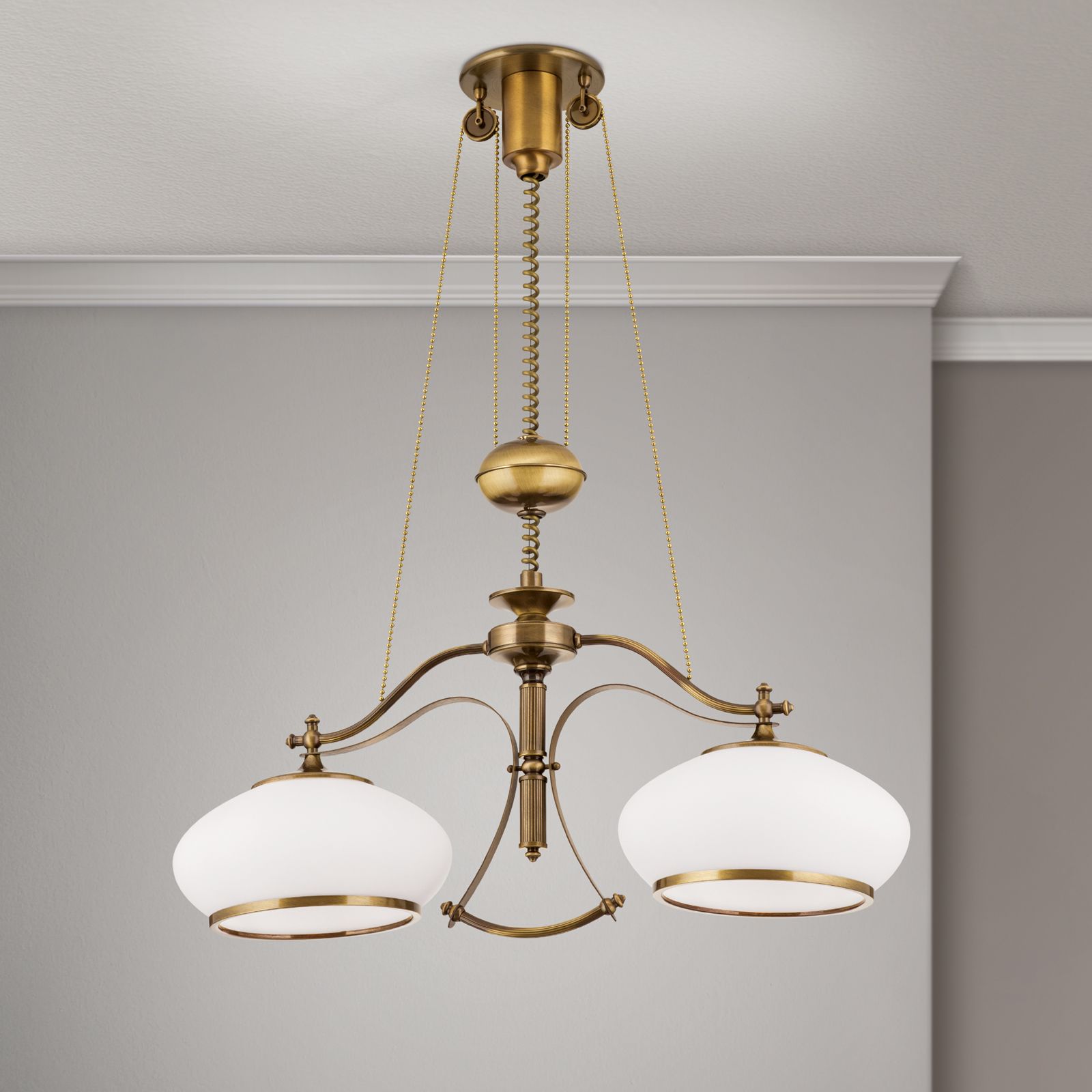 Luster EMPIRE, 2-flammig, Patina, mit opal patinierten Gläsern, mit Gegengewichtszug