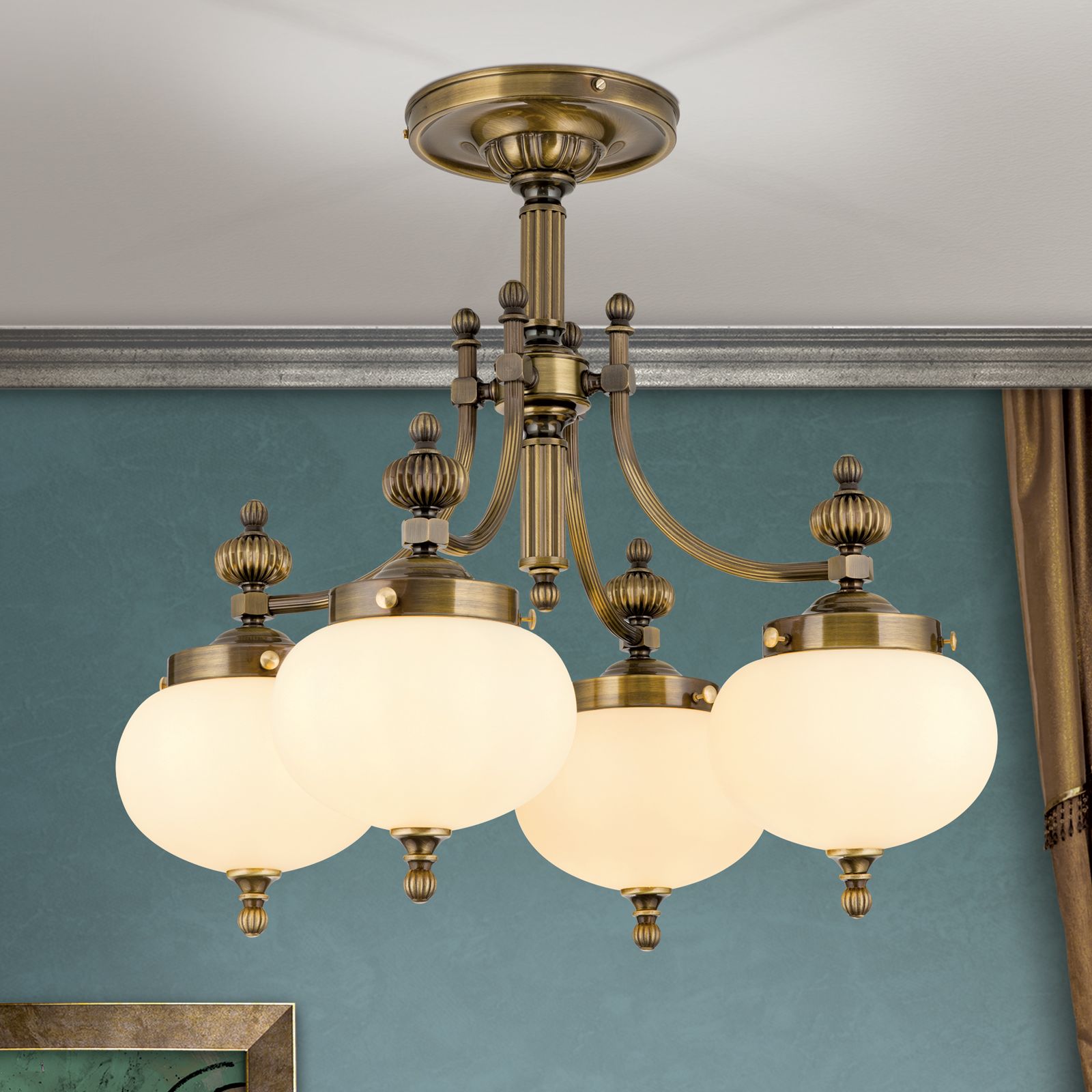 Ceiling light WIENER NOSTALGIE, 4 lamps, antique brass finish, champagne coloured glasses