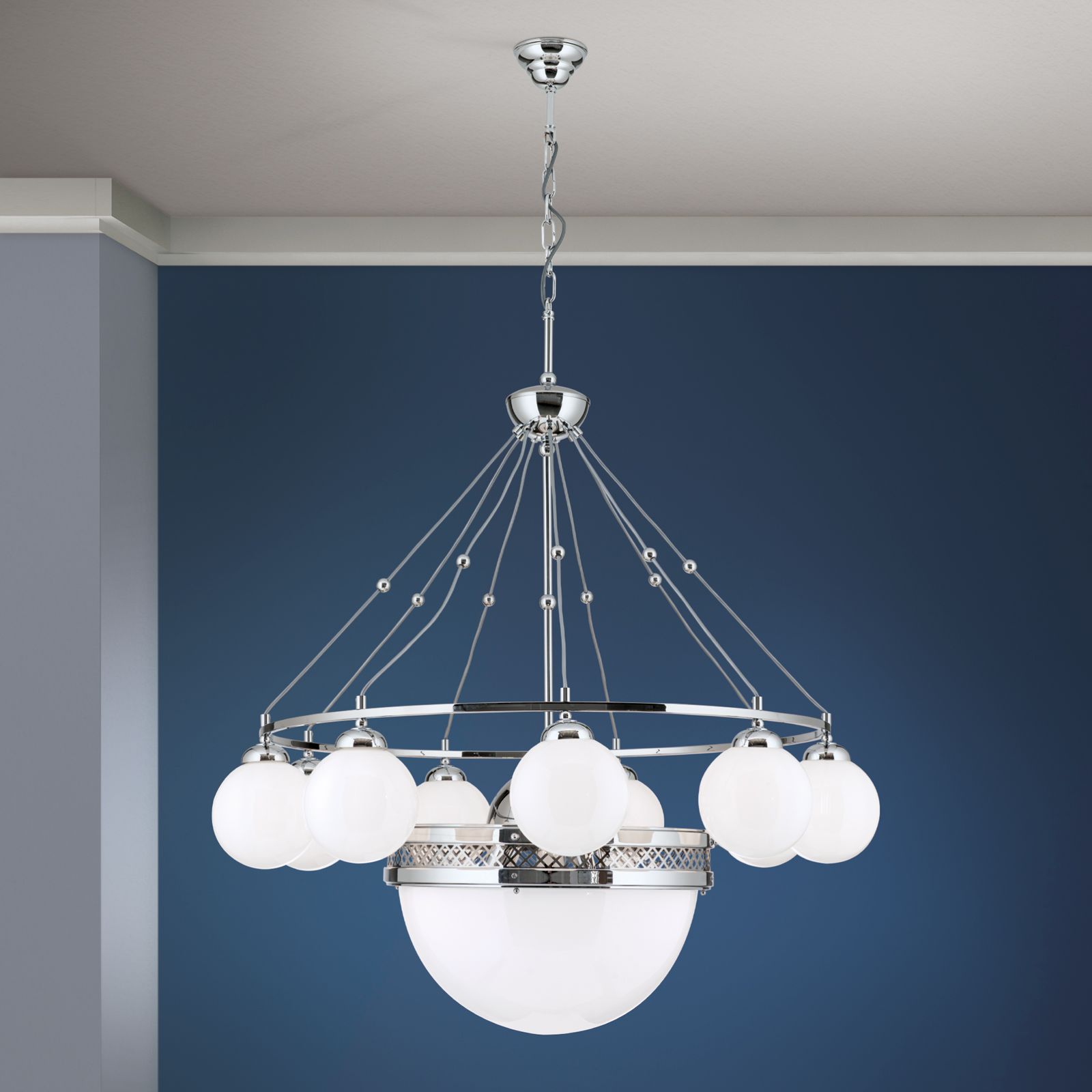 Pendelleuchte ALT WIEN, 9+1-flammig, Nickel, mit opal glänzenden Gläsern