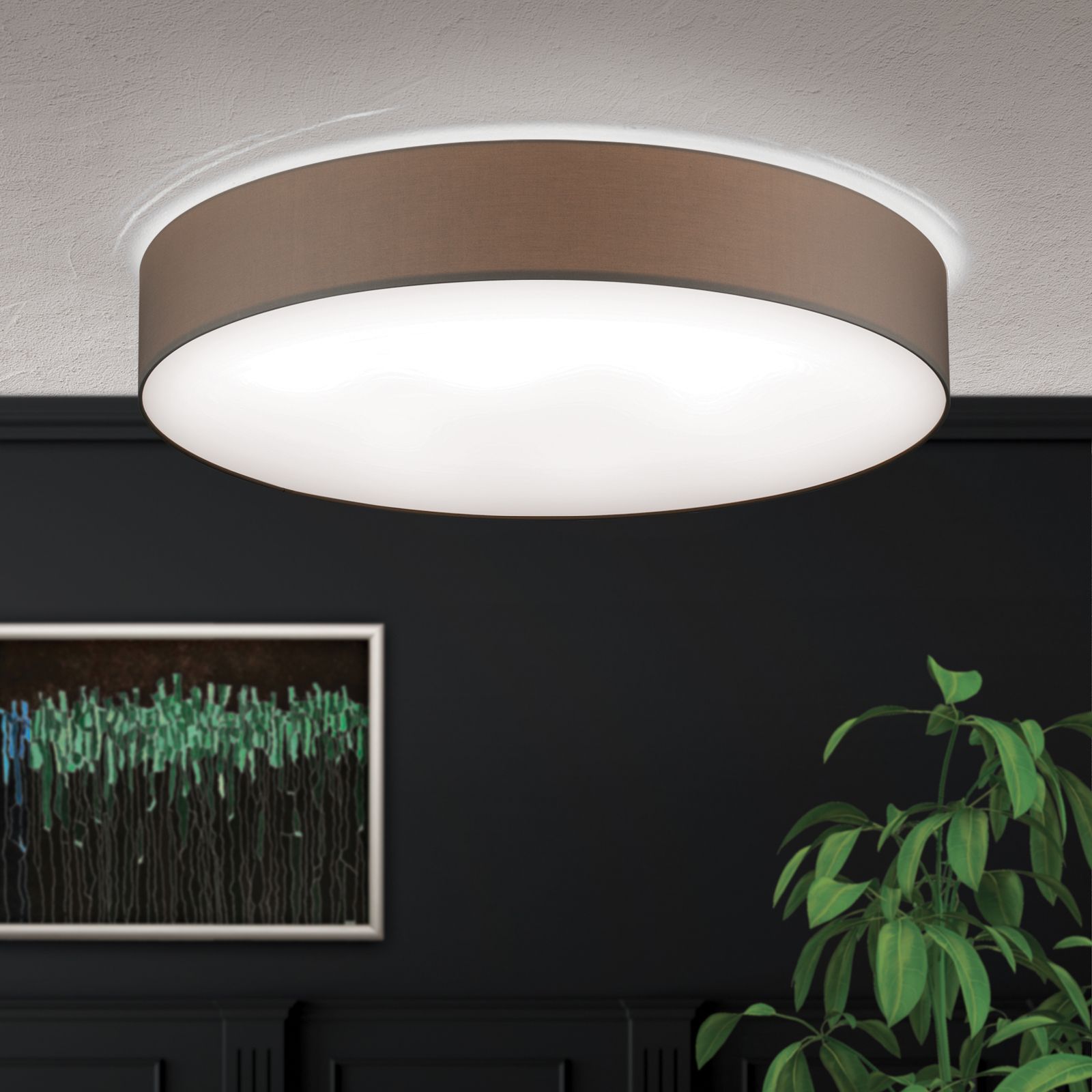 LED ceiling light SHADE, with cylindrical, brown shade, Ø 60cm