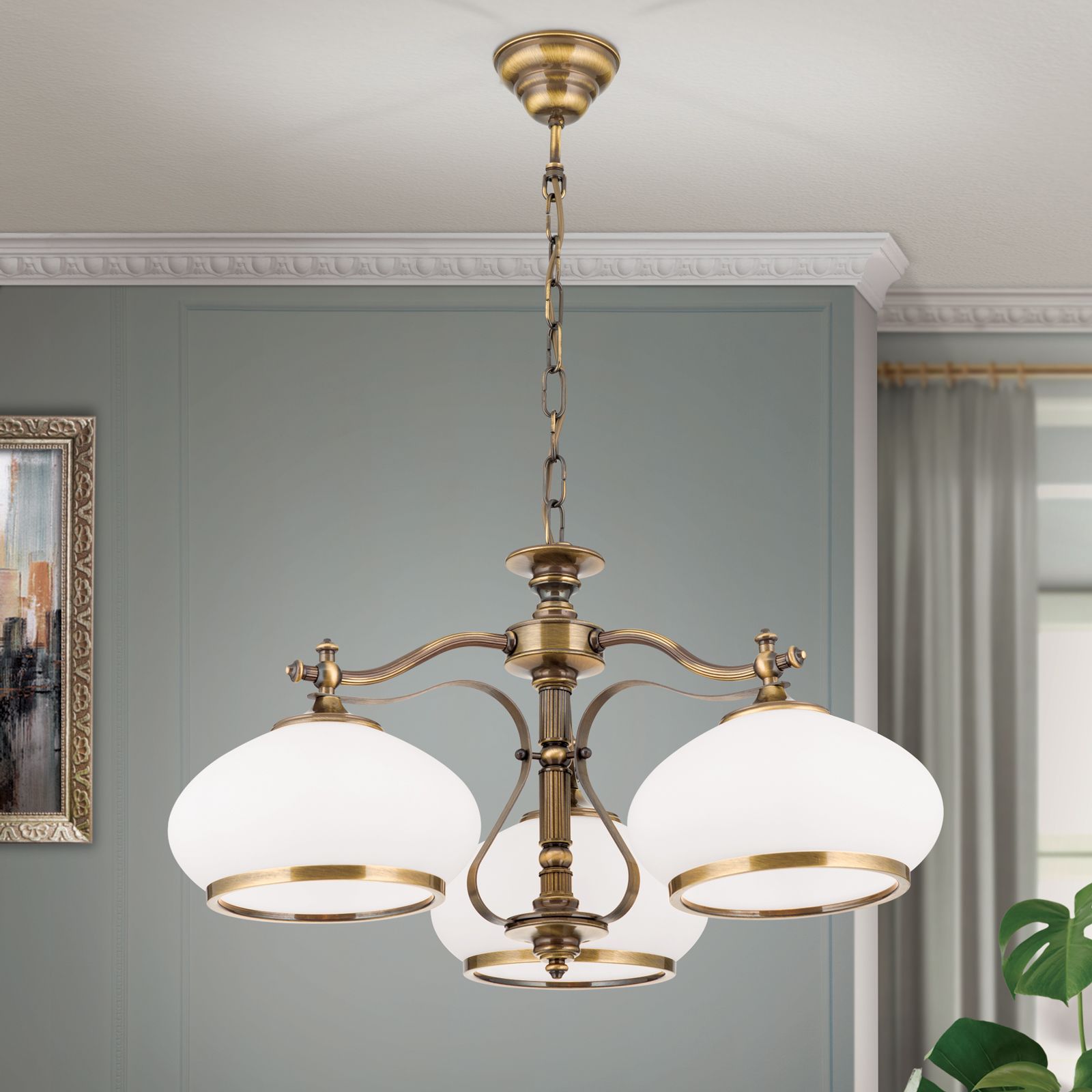 Luster EMPIRE, 3-flammig, Patina, mit opal patinierten Gläsern