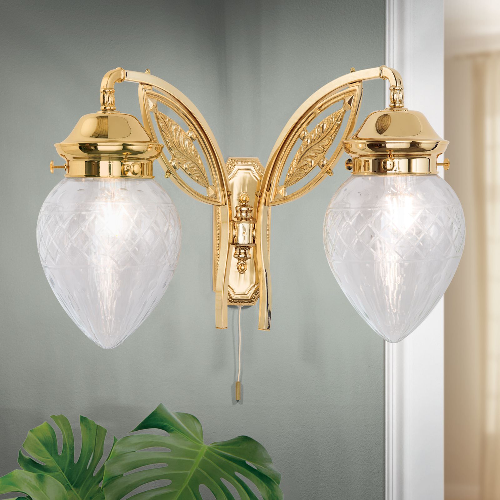 Wall light BUDAPEST, 2 lamps in 24K gold plated finish with clear cut glasses