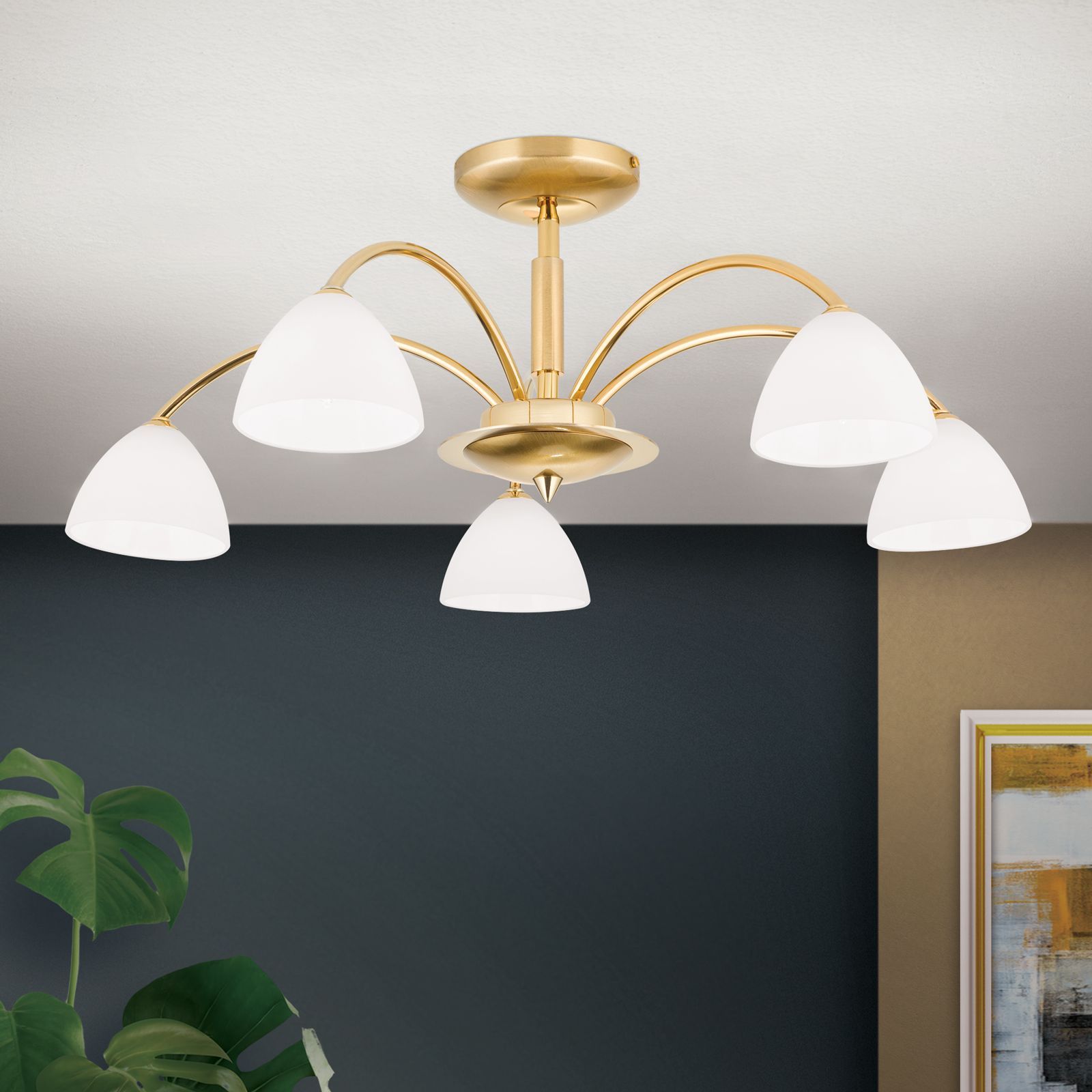 Ceiling chandelier OPALDESIGN, 5-flames, gold, with opal glass