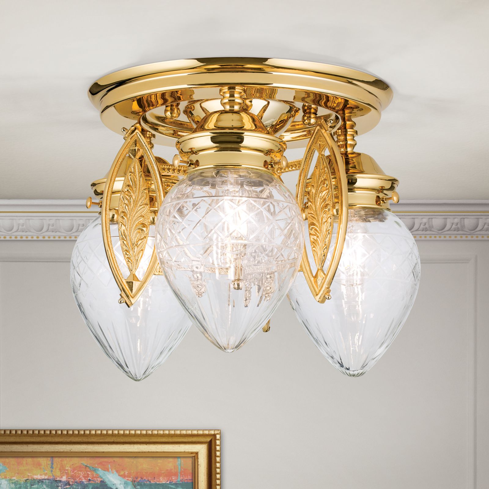 Ceiling light BUDAPEST, 3 lights in 24K gold plated finish with clear cut glasses