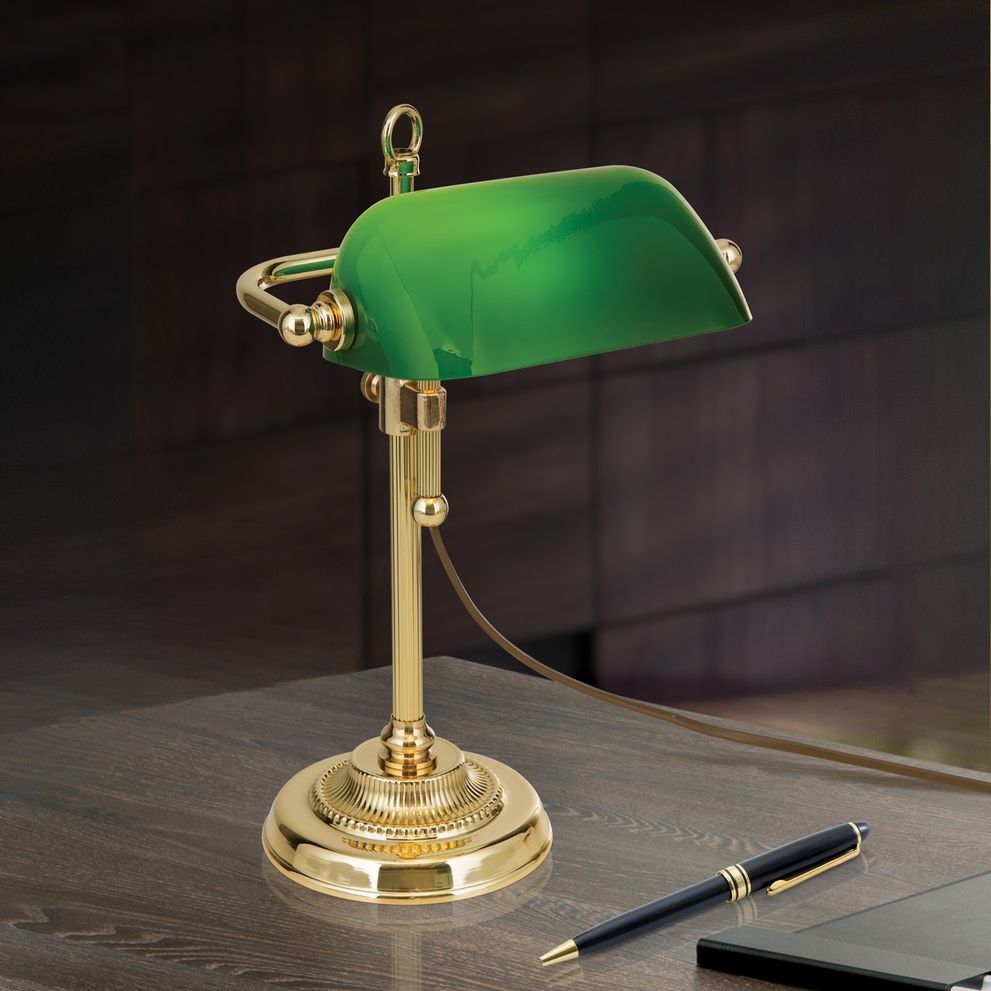 Bench lamp HARVARD, brass with green glass shade, 32cm