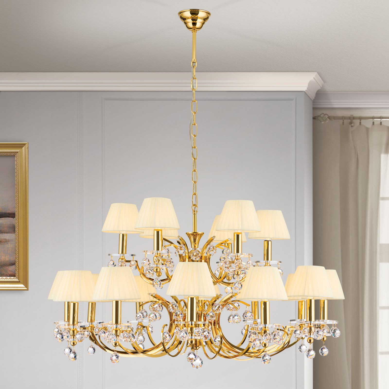 Chandelier KRISTALLDESIGN, 18-flames, gold with champagne-coloured shade