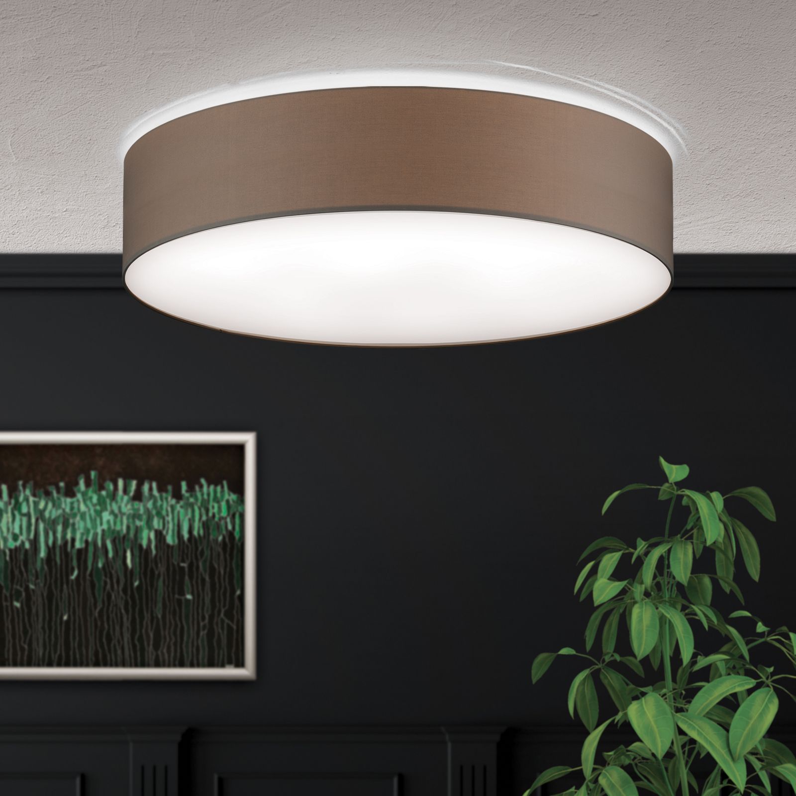 LED ceiling light SHADE, with cylindrical, brown shade, Ø 40cm