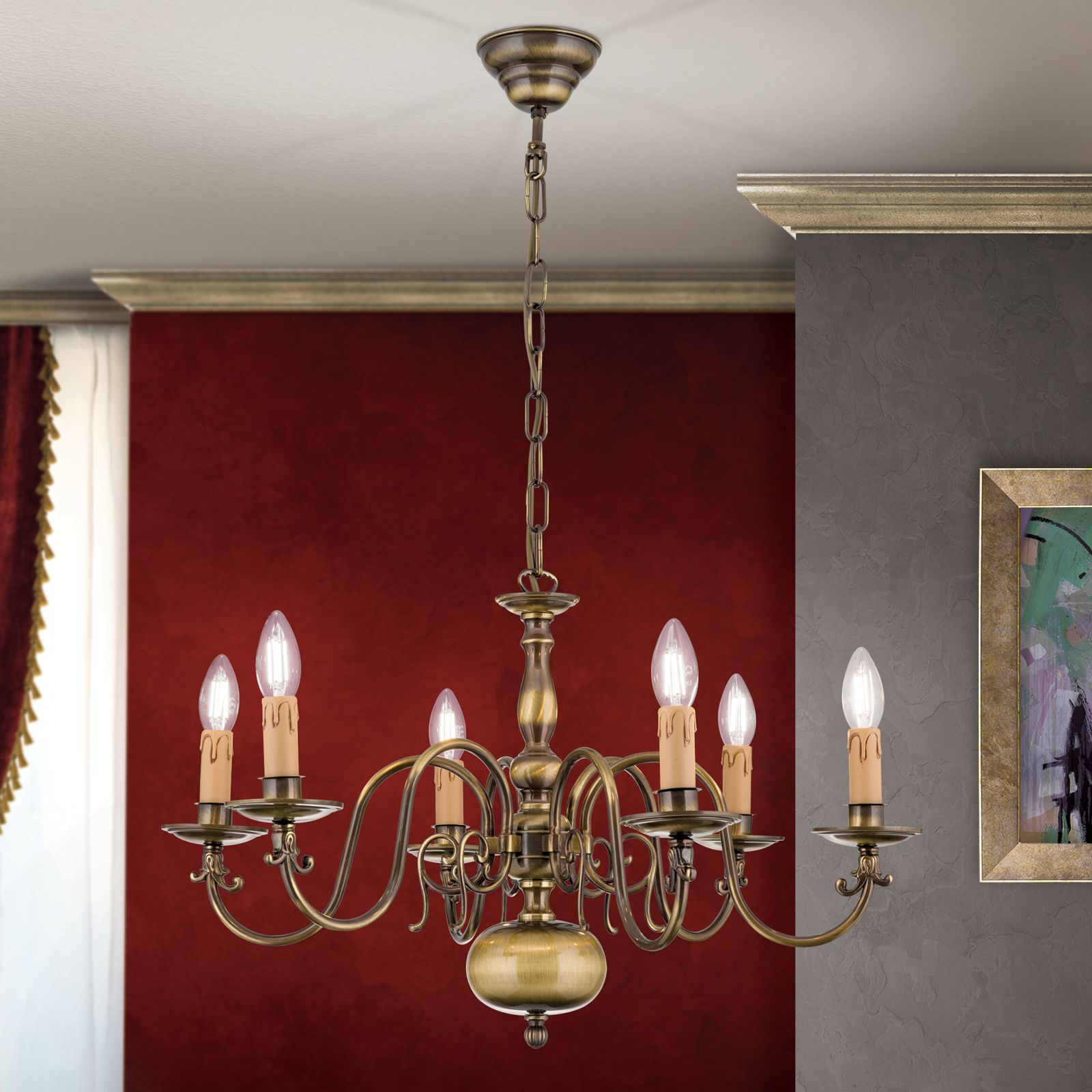 Chandelier FLÄMISCH, 6 lamps, Antique Brass finish