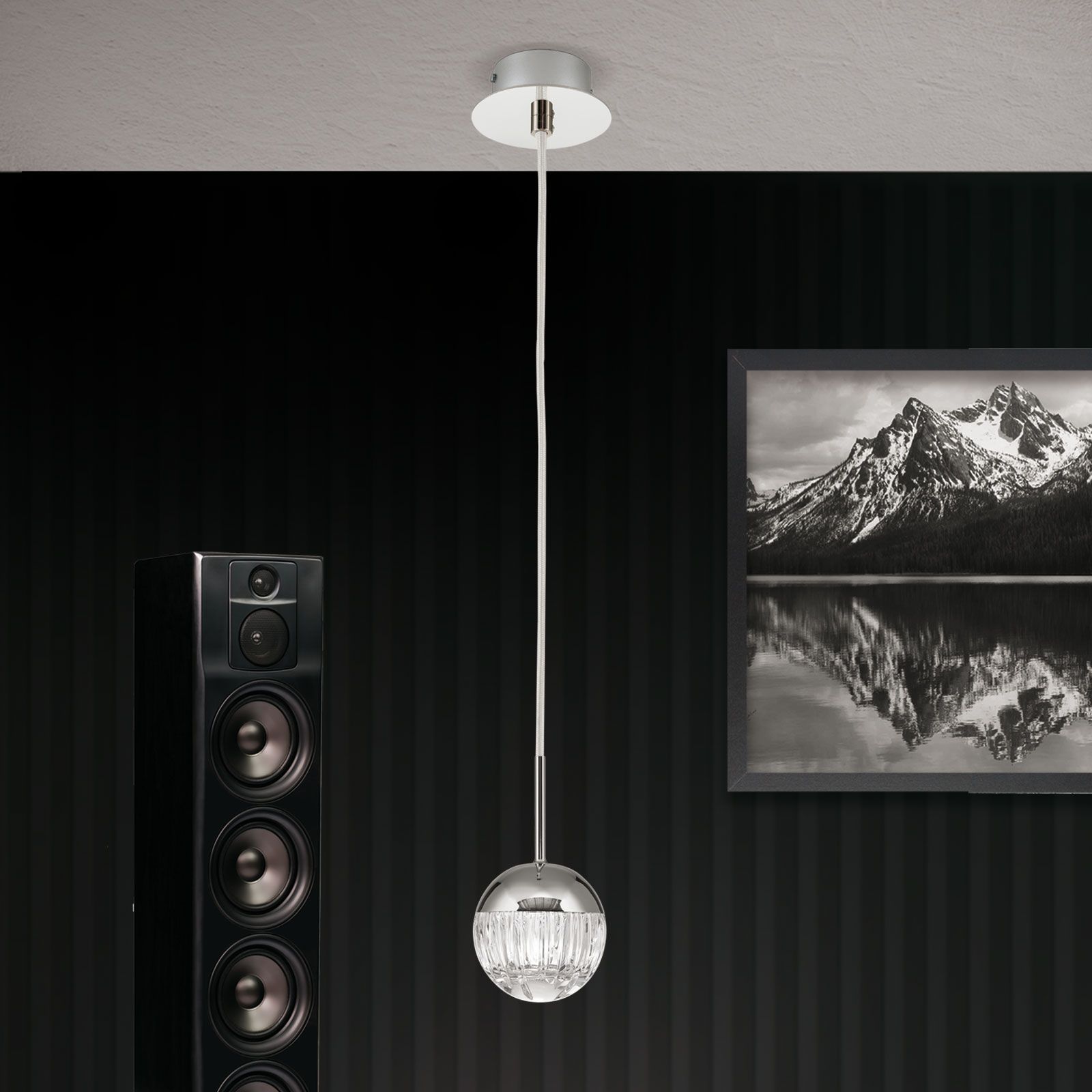 Round pendant lamp BALL, nickel, with clear crystal glass in line cut