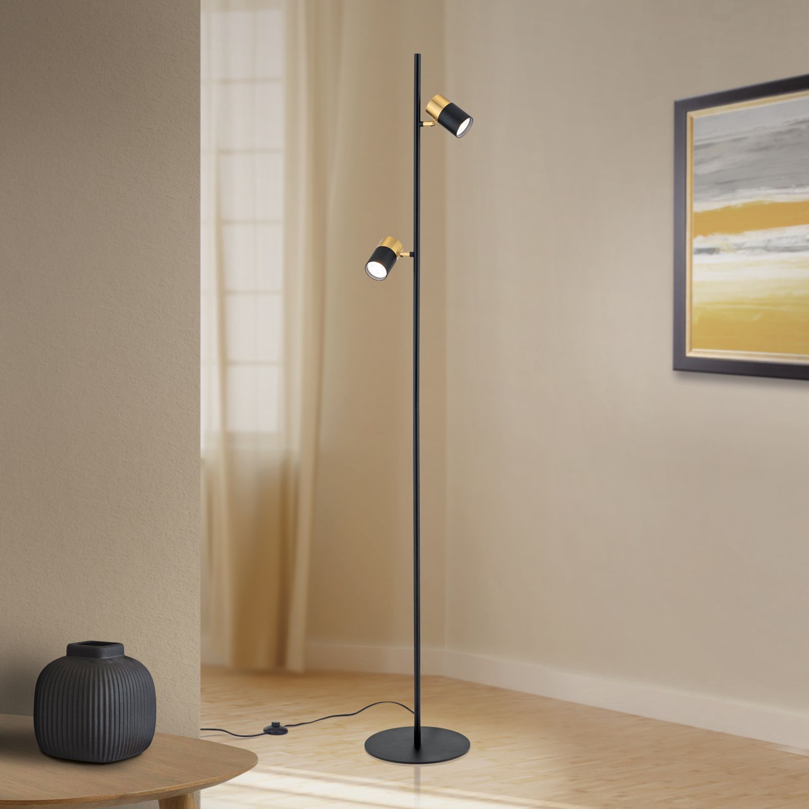 Floor lamp KEVIN, black-gold, two swivel lamp heads
