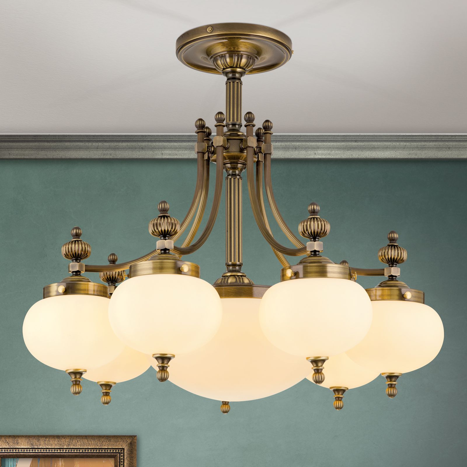 Ceiling light WIENER NOSTALGIE, 7+1 lamps, antique brass finish, champagne coloured glasses