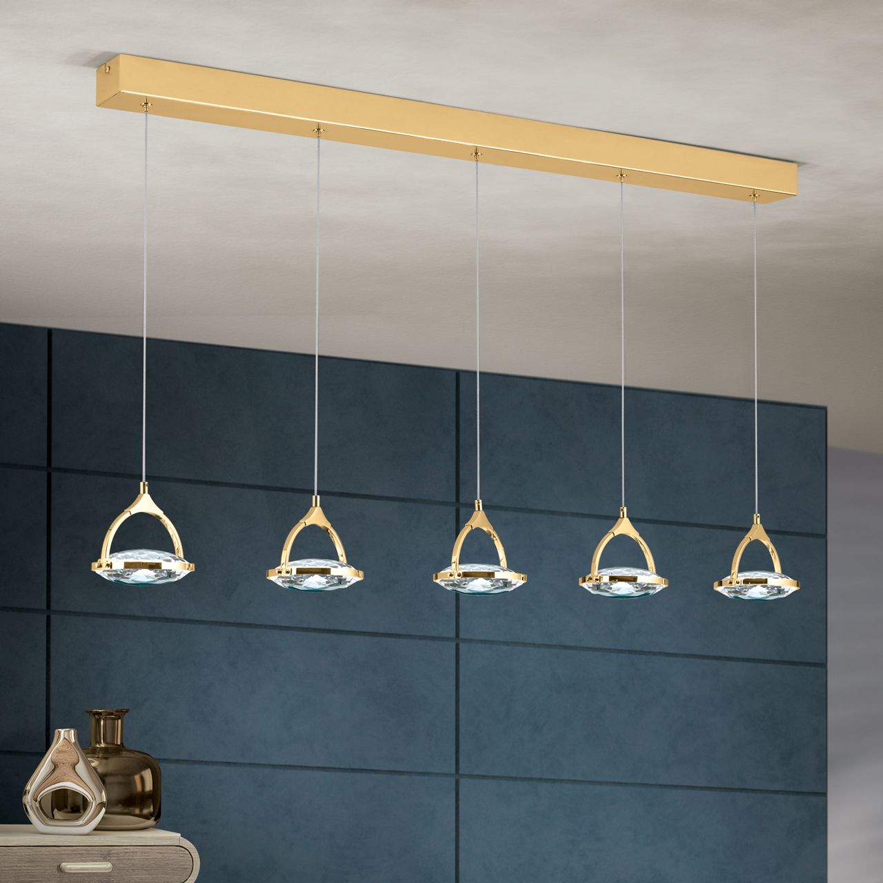 LED pendant lamp MOON, 5-lamps, gold