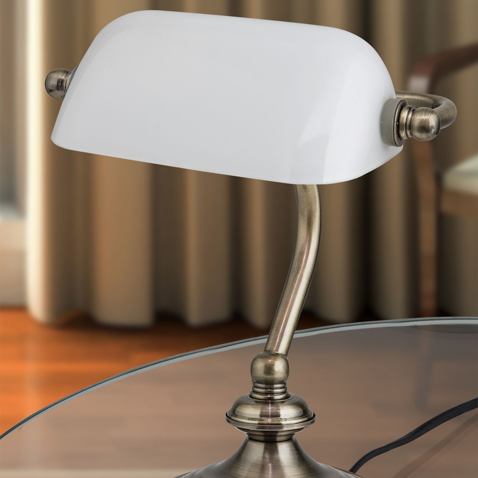 Bankers Lamp SMALL, Antique Brass finish opal glass shade