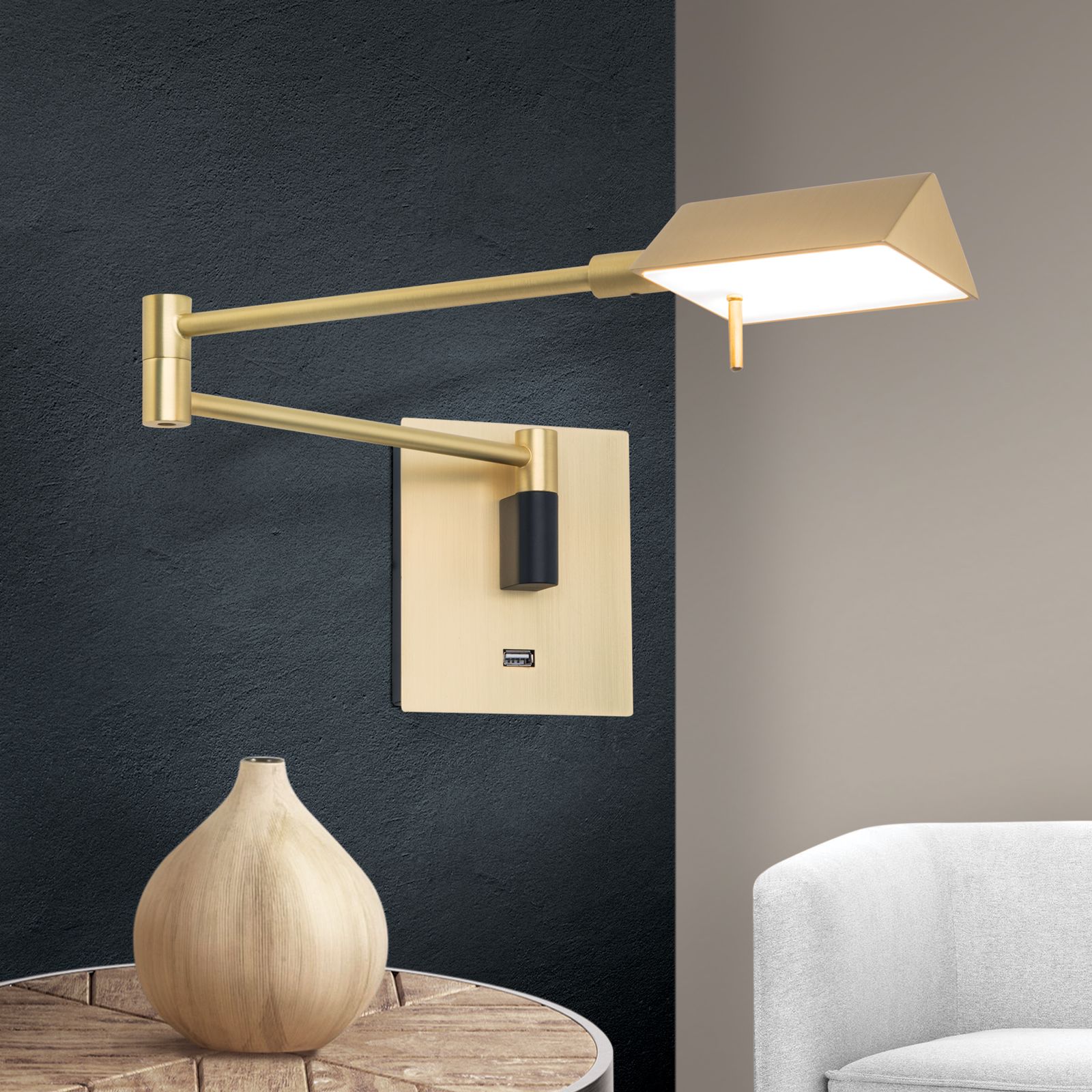 LED wall light BOSTON, swivel arm, matt brass